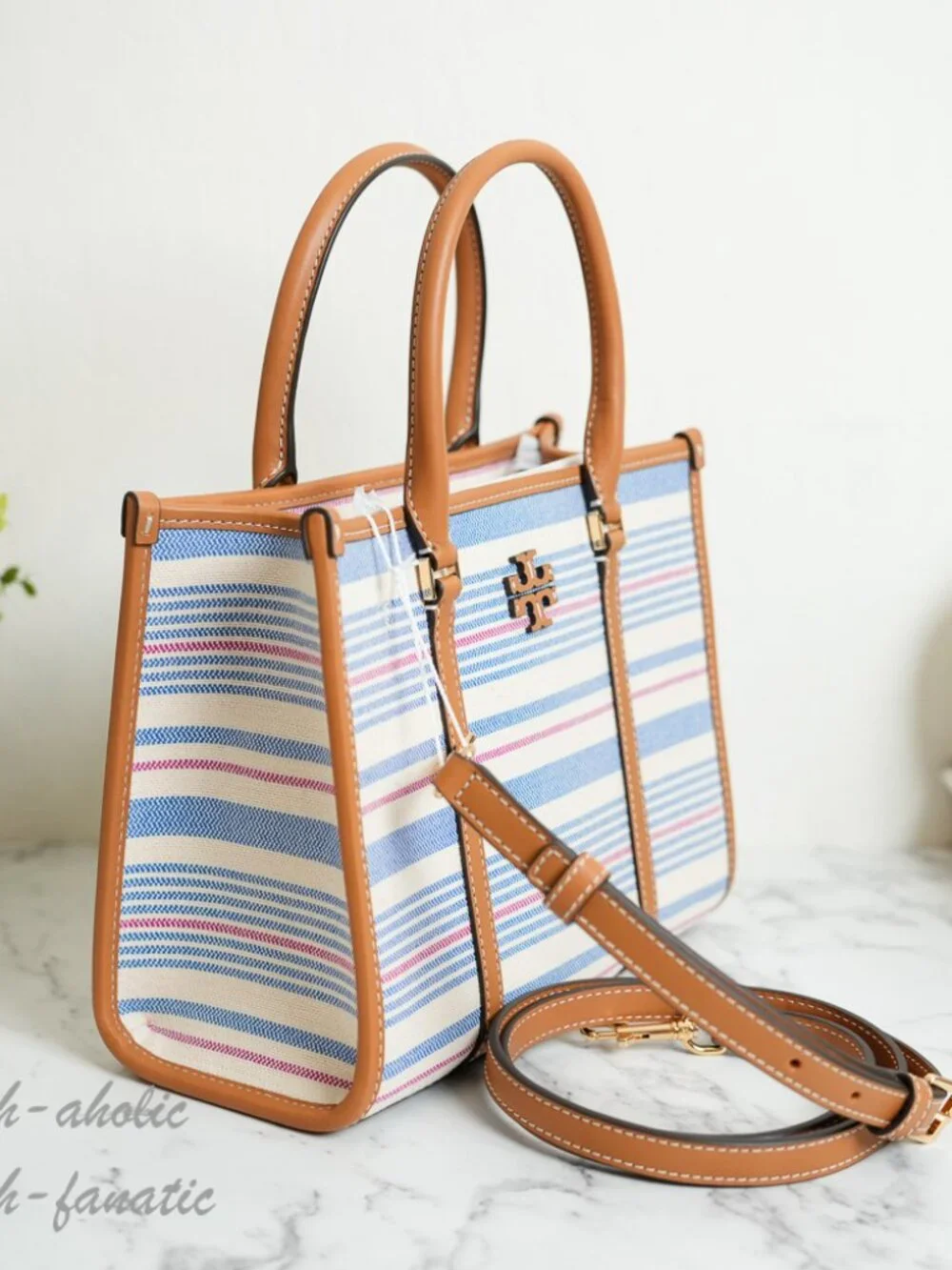 Tory Burch Blake Stripe Canvas Small Tote Crossbody in Multi / Walnut NWT